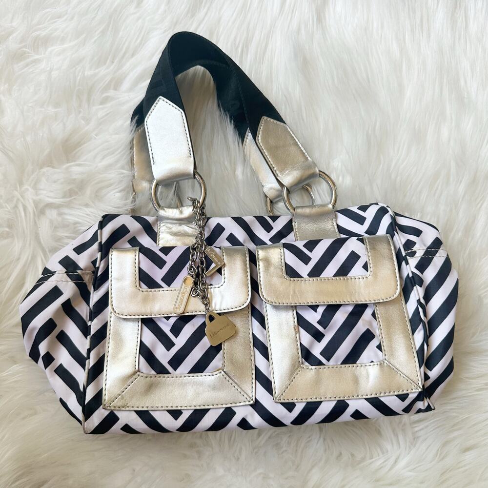 Vintage‎ Y2K Lesportsac Leather Trim Metallic Striped Shoulder Bag Chevron Retro